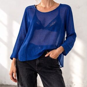 CREATURES OF COMFORT silk blend textured long sleeve top sheer blue size M